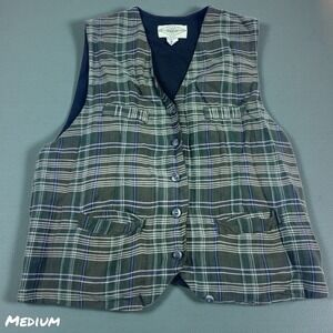 VTG 90s Plaid Vest Mens MEDIUM Green Button Front Preppy Academia Cotton Pockets